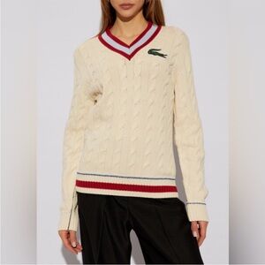 Lacoste Unisex Cream V-Neck Cable-knit Sweater